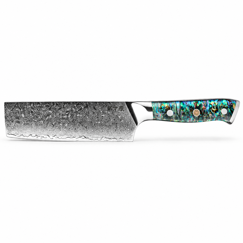 Couteau Nakiri en acier damas 16 cm, manche en nacre d'ormeau, série Akira