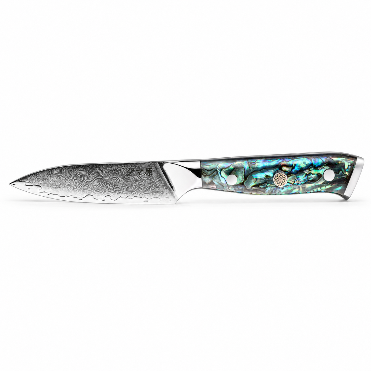 Couteau Ko-Petty en acier damas 9 cm, manche en nacre d'ormeau, série Akira