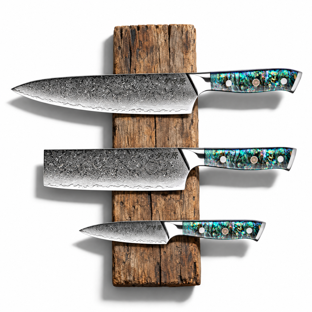 Set Evolution de 3 couteaux en acier damas : gyuto, nakiri et ko-petty, manches en nacre d'ormeau, série Akira