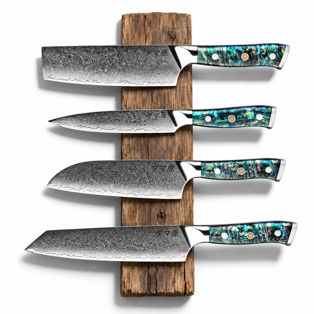Set Ascension de 4 couteaux en acier damas : kiritsuke, santoku, nakiri et petty, manches en nacre d'ormeau, série Akira