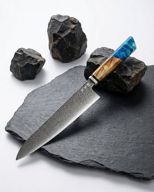 Couteau japonais Gyuto en acier damassé posé sur ardoise noire, manche en bois naturel et résine bleue, pierres volcaniques en décor.