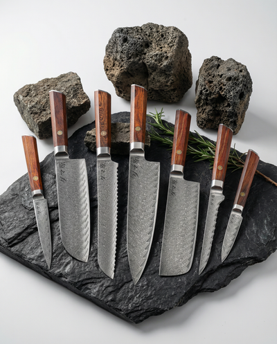 Set de 7 couteaux japonais en acier damassé, manches bois naturel, présentés sur ardoise noire avec pierres volcaniques et romarin.