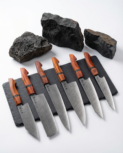 Set de 6 couteaux japonais en acier damas, manches bois rouge veinés, alignés sur ardoise noire avec pierres décoratives.