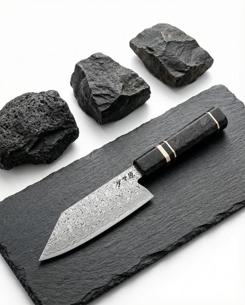 Couteau japonais en acier damassé avec manche noir veinés et bagues claires, posé sur ardoise noire entourée de pierres brutes