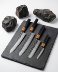 Set de 4 couteaux en acier damas à finition martelée avec manches bois contrastés, collection polyvalente pour découpe précise.