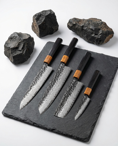 Set de 4 couteaux en acier damas à finition martelée avec manches bois contrastés, collection polyvalente pour découpe précise.