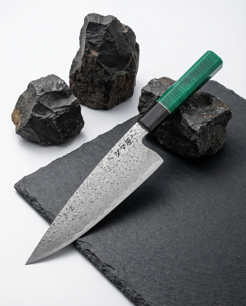 Couteau japonais en acier damassé avec manche vert texturé, posé sur ardoise noire entourée de pierres volcaniques