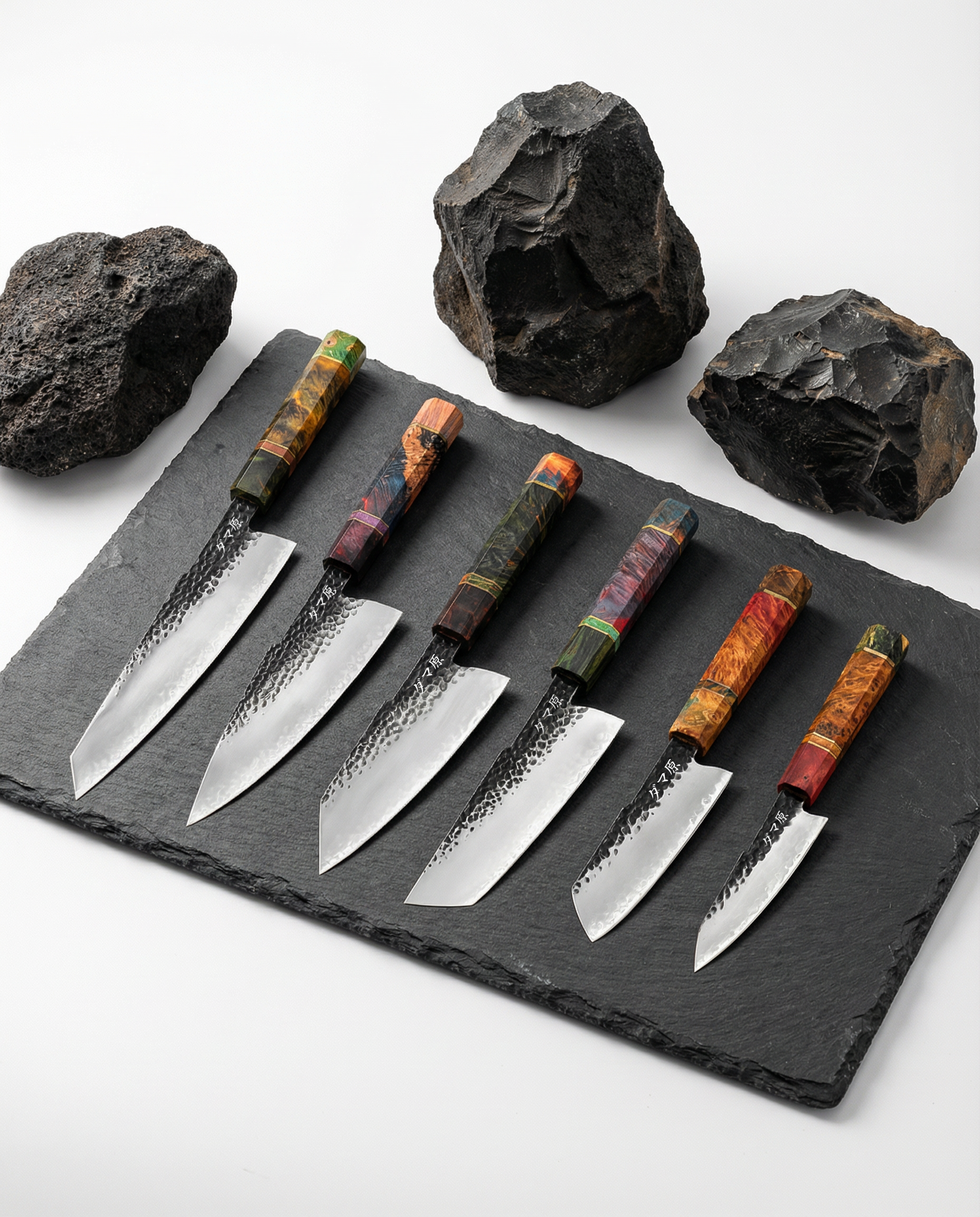 Set de six couteaux japonais en acier, manches colorés en bois, posés sur ardoise avec pierres volcaniques