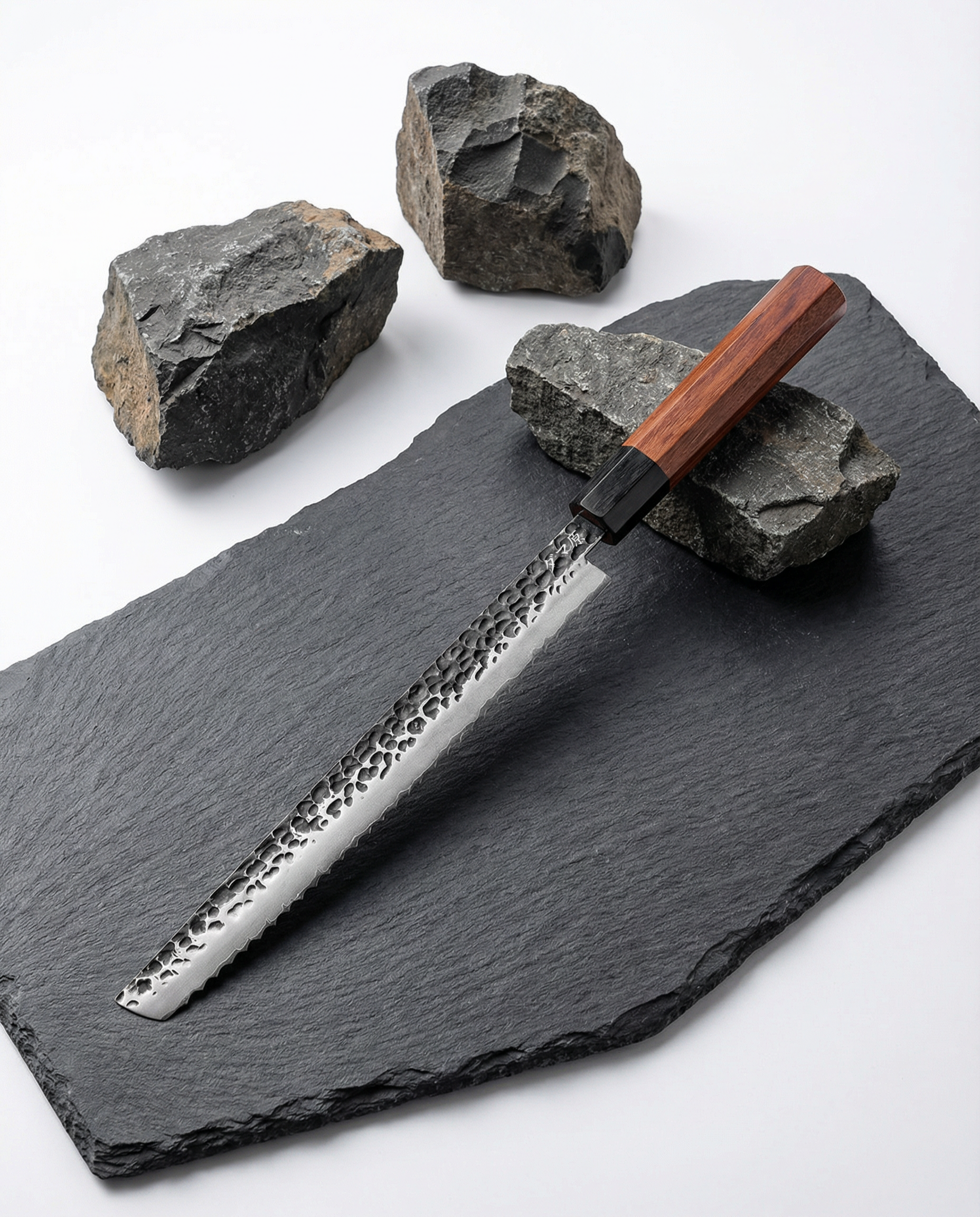 Couteau japonais en acier martelé à lame longue, manche en bois brun, posé sur ardoise noire avec pierres brutes