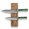 Set Essence de 2 couteaux en acier damas : gyuto et petty, manches en bois gris stabilisé et mitre en cuivre, série Aoyama