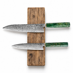 Set Essence de 2 couteaux en acier damas : gyuto et petty, manches en bois gris stabilisé et mitre en cuivre, série Aoyama