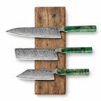 Set Evolution de 3 couteaux en acier damas : gyuto, nakiri et bunka, manches en bois gris stabilisé et mitre en cuivre, série Aoyama