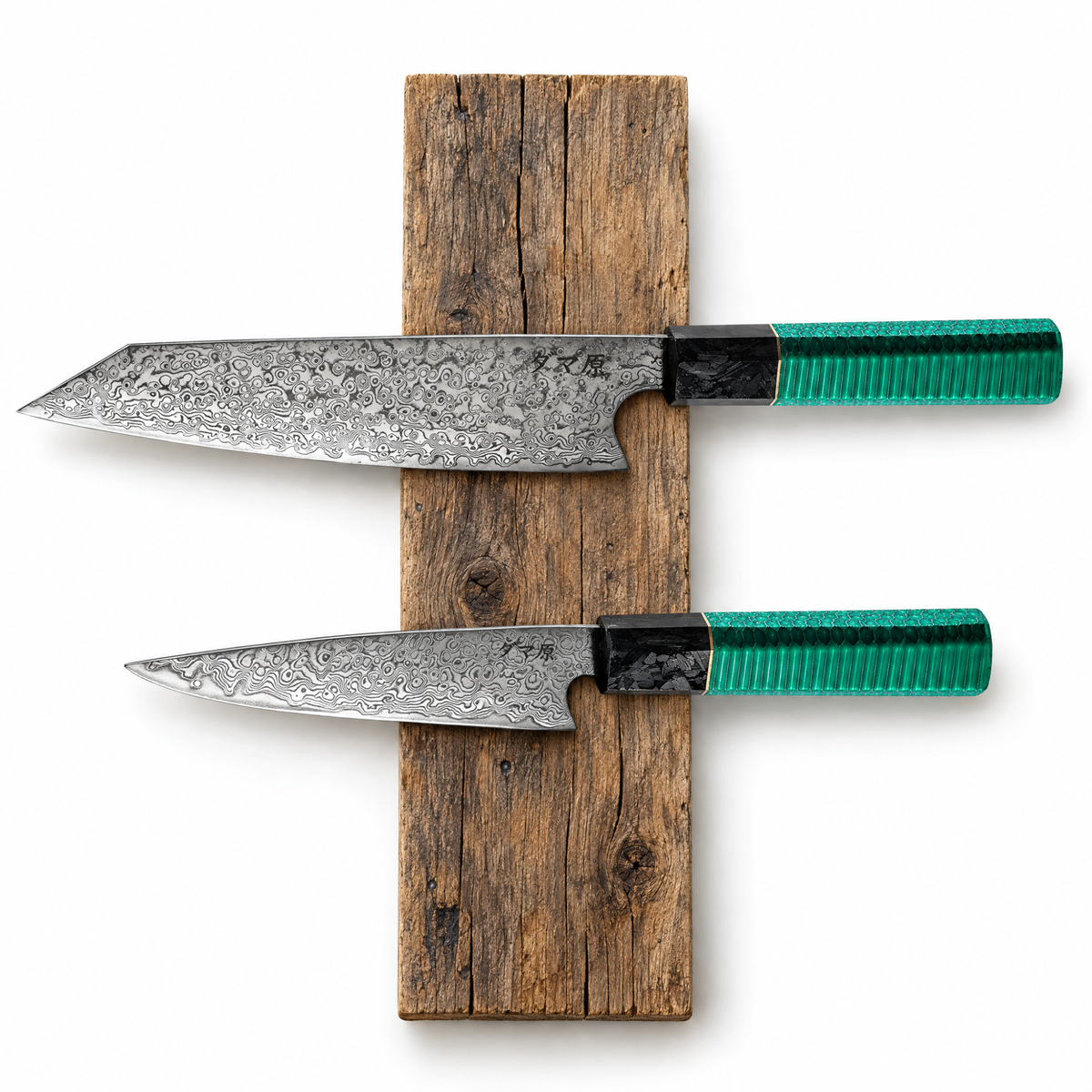 Set Essence de 2 couteaux en acier damas : kiritsuke et garasuki désosseur, manches en aluminium peigné et résine, série Hikari