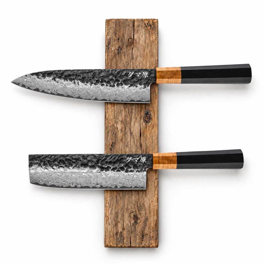 Set Essence de 2 couteaux en acier damas : gyuto et nakiri, manches en ébène stabilisé, série Kiba