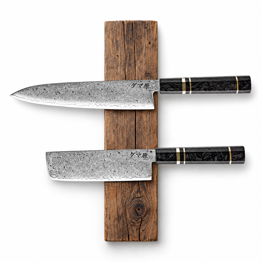 Set Essence de 2 couteaux en acier damas : gyuto et nakiri, manches en fibre de carbone, série Sakuragi