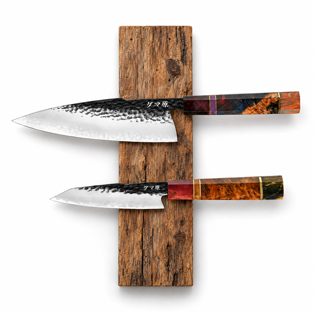 Set Essence de 2 couteaux en acier AUS-10 : gyuto et petty, manches en bois stabilisé, série Shinrai