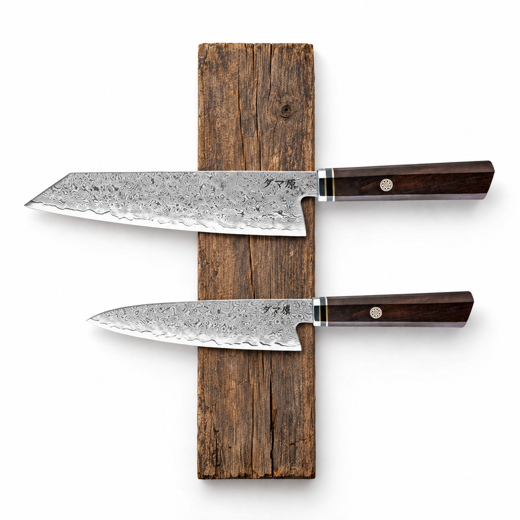 Set Essence de 2 couteaux en acier damas : kiritsuke et petty, manches en ébène et résine verte, série Shiro