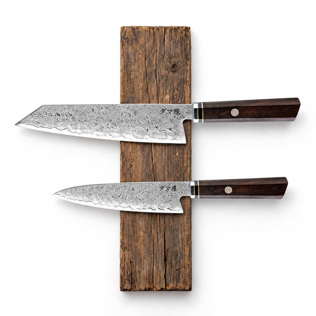 Set Essence de 2 couteaux en acier damas : kiritsuke et petty, manches en ébène et résine verte, série Shiro
