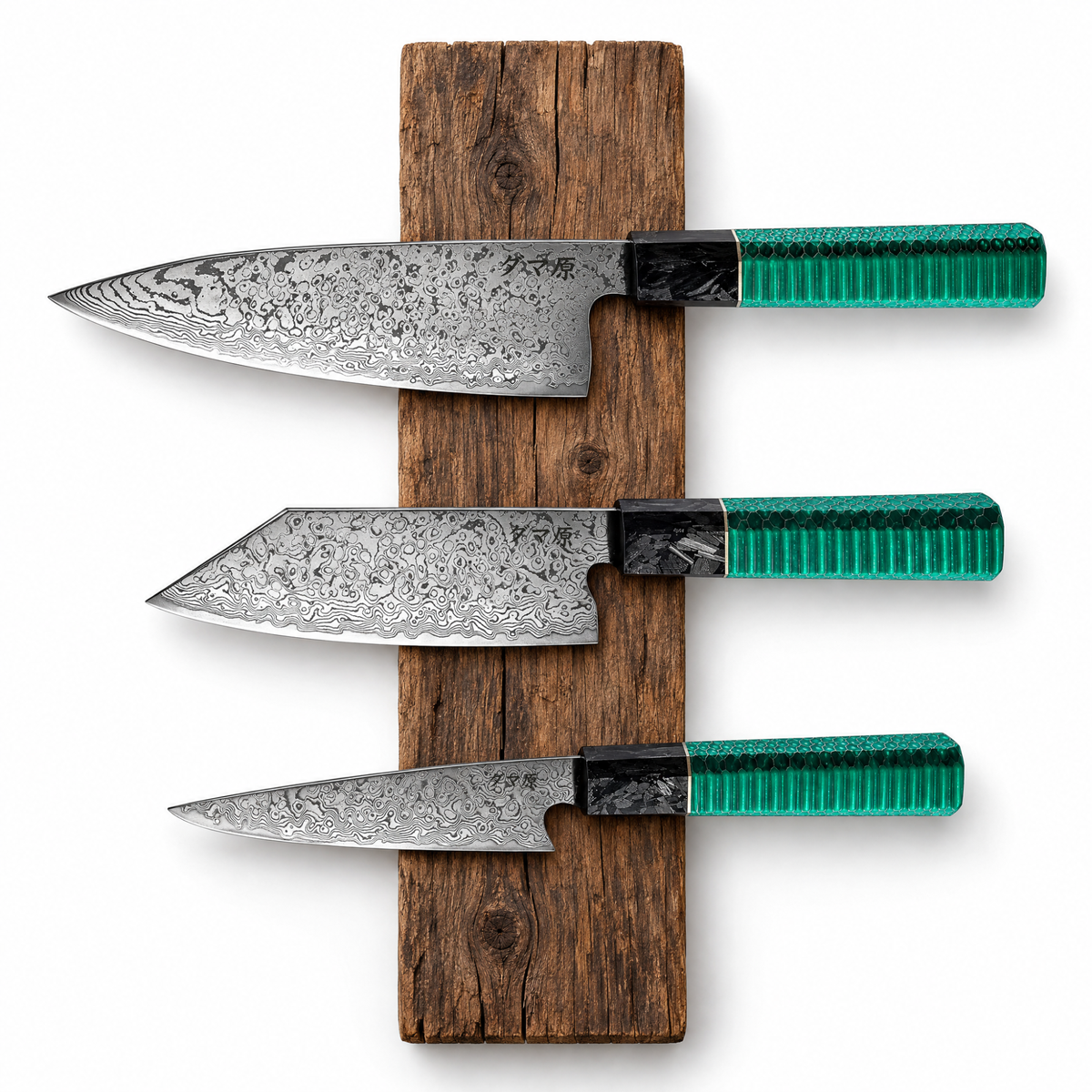 Set Evolution de 3 couteaux en acier damas : gyuto, bunka et garasuki désosseur, manches en aluminium peigné et résine, série Hikari