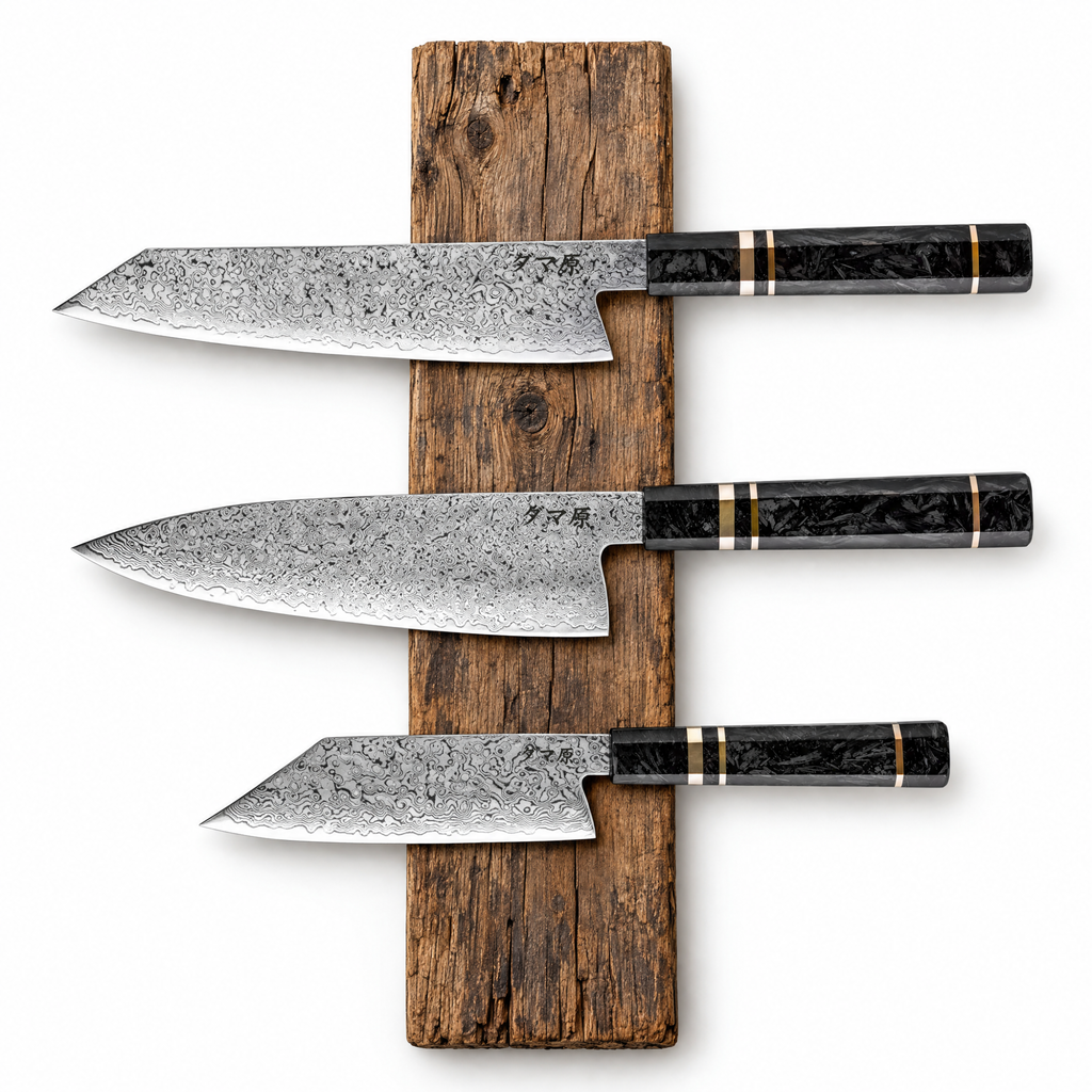 Set Evolution de 3 couteaux en acier damas : bunka, gyuto et kiritsuke, manches en fibre de carbone, série Sakuragi