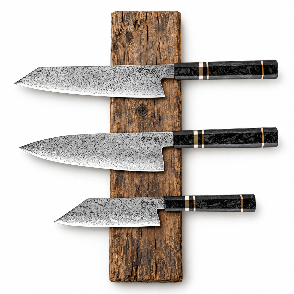 Set Evolution de 3 couteaux en acier damas : bunka, gyuto et kiritsuke, manches en fibre de carbone, série Sakuragi