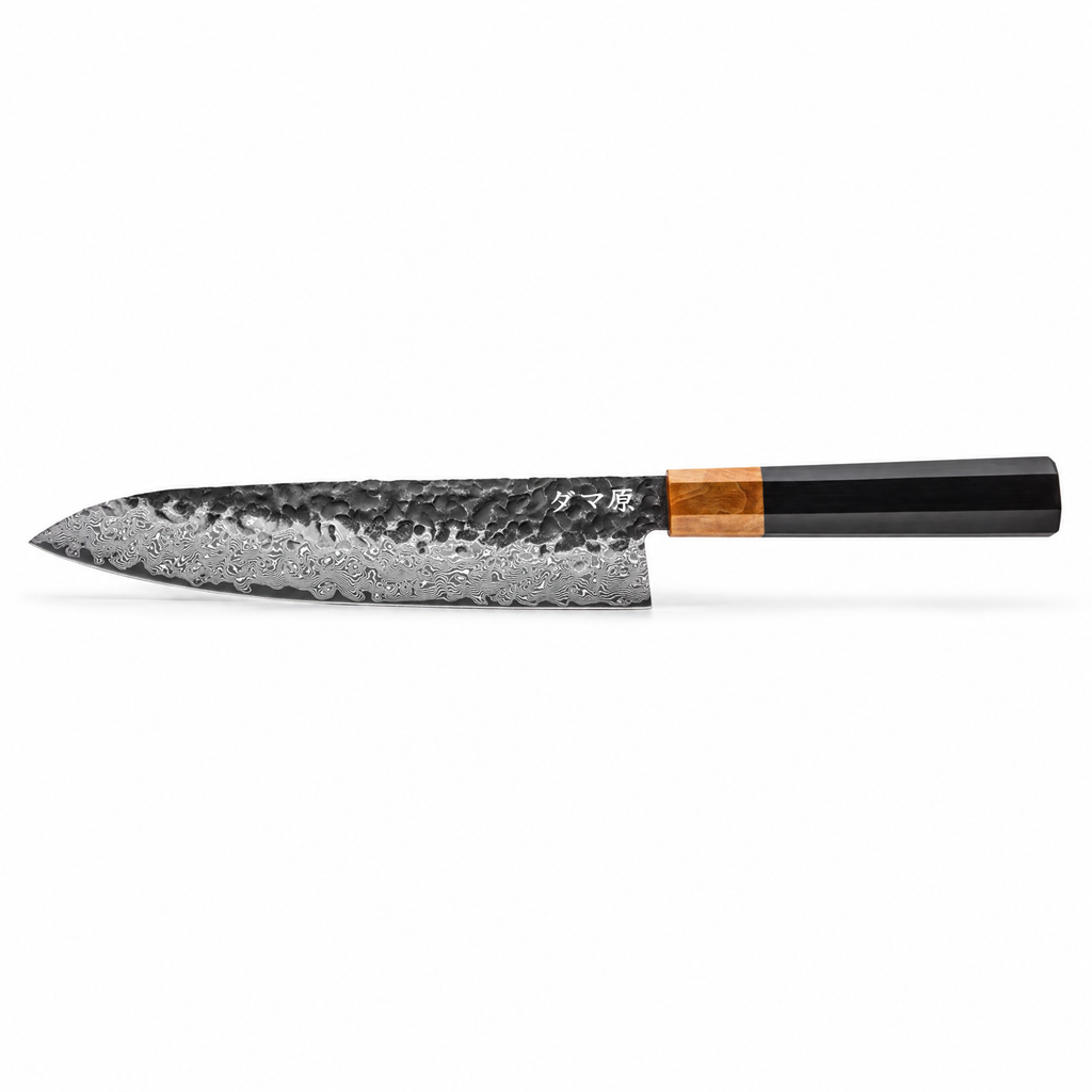 Couteau Gyuto en acier damas 20 cm, manche en ébène stabilisé, série Kiba