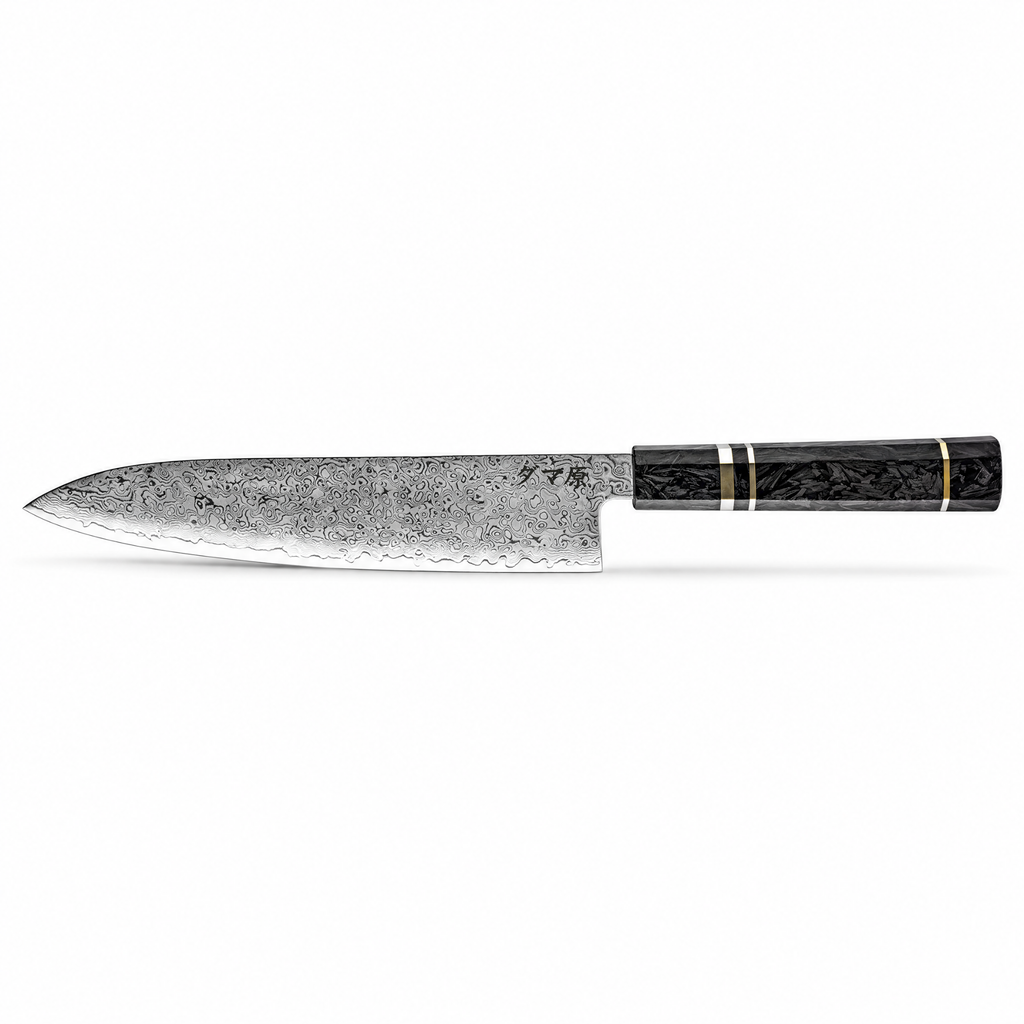 Couteau Gyuto en acier damas 23 cm, manche en fibre de carbone et bague de cuivre, série Sakuragi