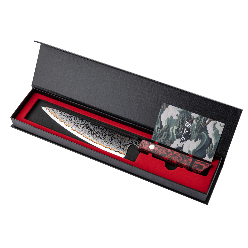 Couteau Gyuto série Musashi en acier damas, manche en fibre de carbone et résine rouge
