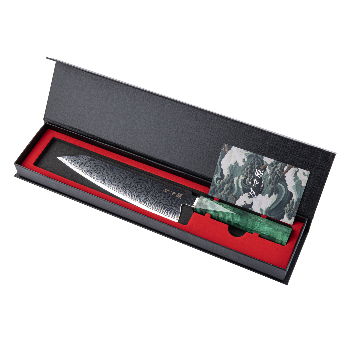 Couteau Kiritsuke série Aoyama en acier damas, manche en bois gris stabilisé