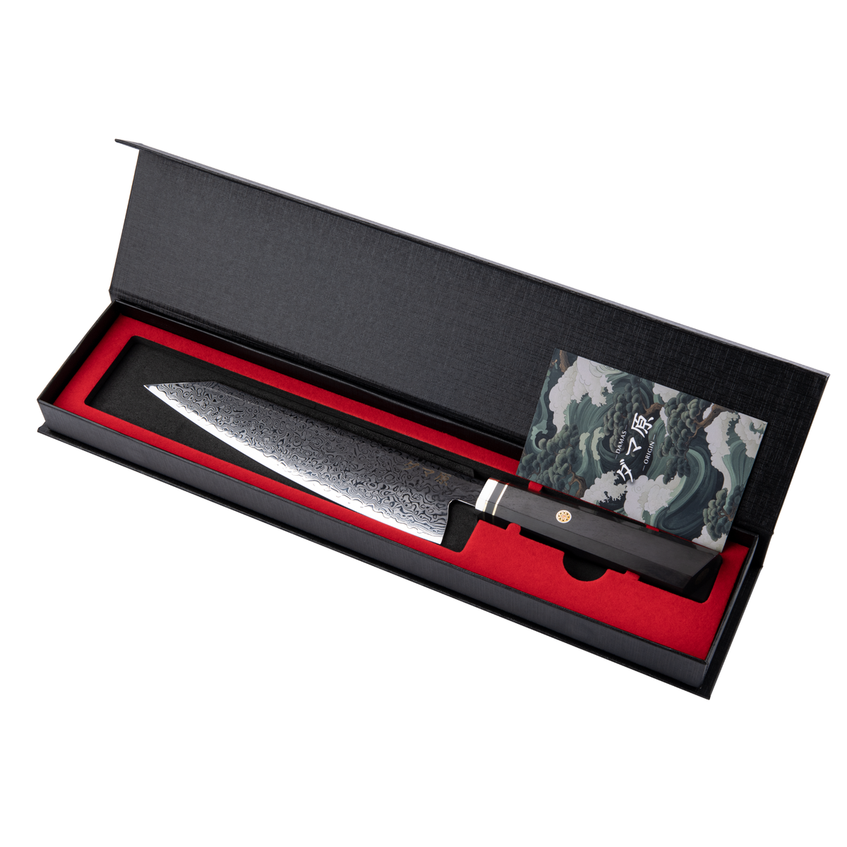 Couteau Kiritsuke série Shiro en acier damas, manche en ébène et résine verte