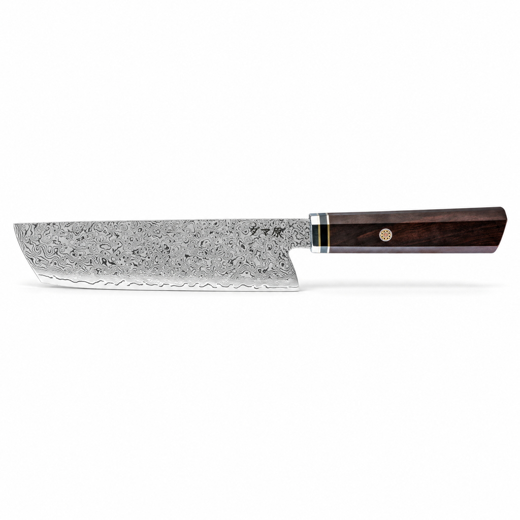 Couteau Nakiri en acier damas 18 cm, manche en ébène cerclé de résine verte, série Shiro