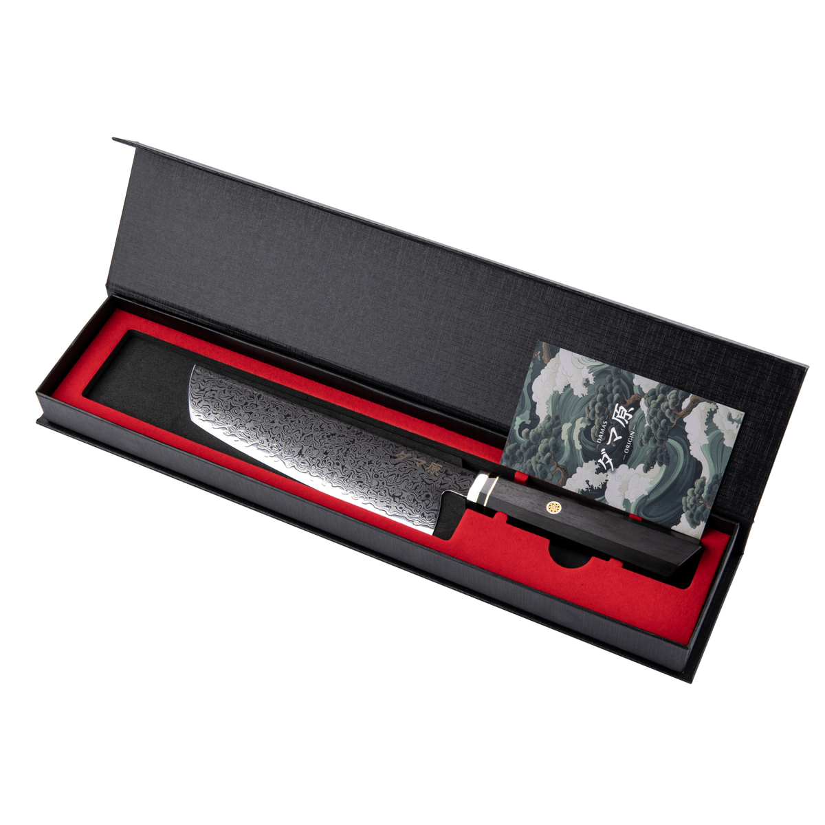 Couteau Nakiri série Shiro en acier damas, manche en ébène et résine verte