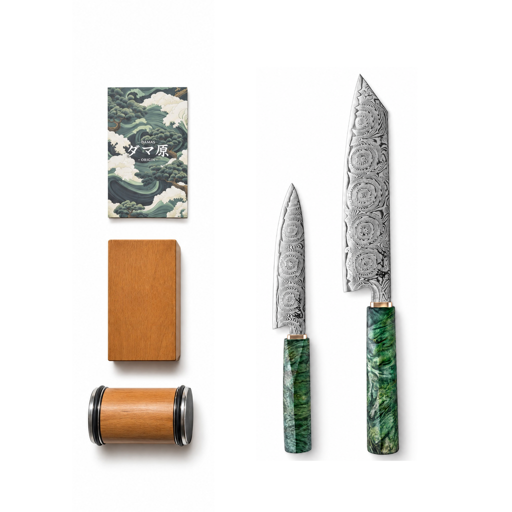 Pack Maîtrise Aoyama : couteau Kiritsuke, couteau Petty série Aoyama et aiguiseur rouleau magnétique