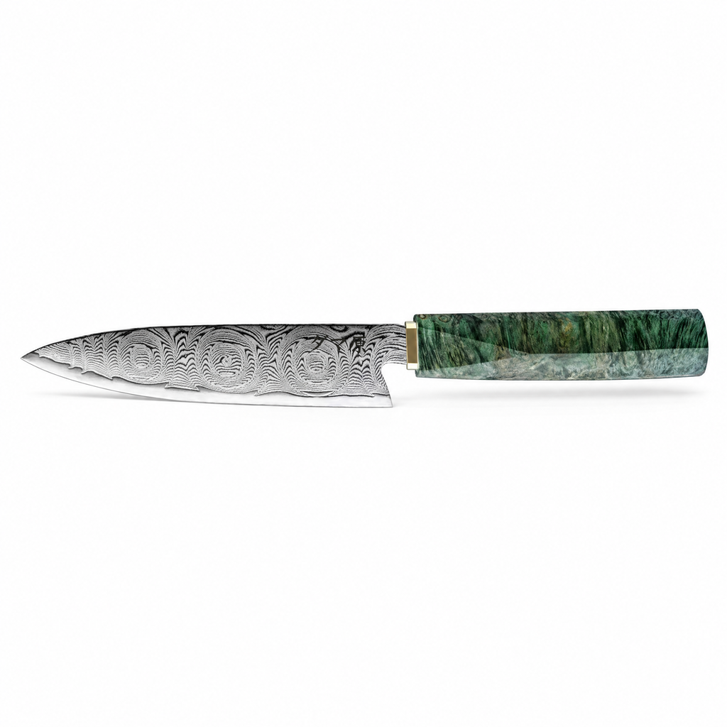 Couteau Petty en acier damas 14 cm, manche en bois gris stabilisé et mitre en cuivre, série Aoyama