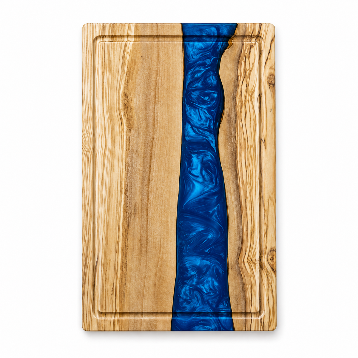 Planche à découper en bois d'olivier et résine bleue, vue de dessus