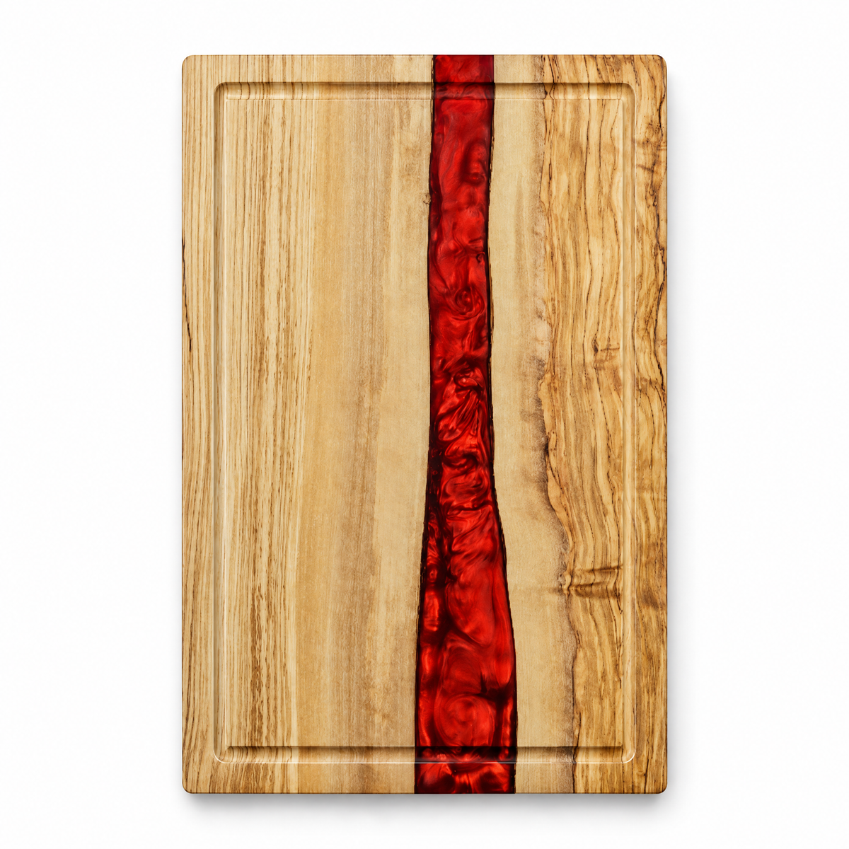 Planche à découper en bois d'olivier et résine rouge, vue de dessus