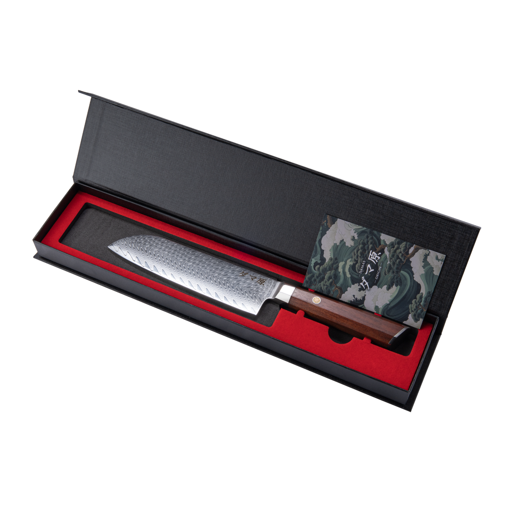 Couteau Santoku en acier damas de la série Kurohana, Damas Origin