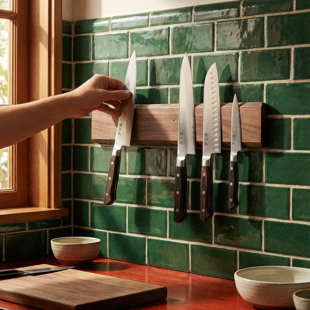 Barre aimantée murale en noyer noir pour couteaux de cuisine