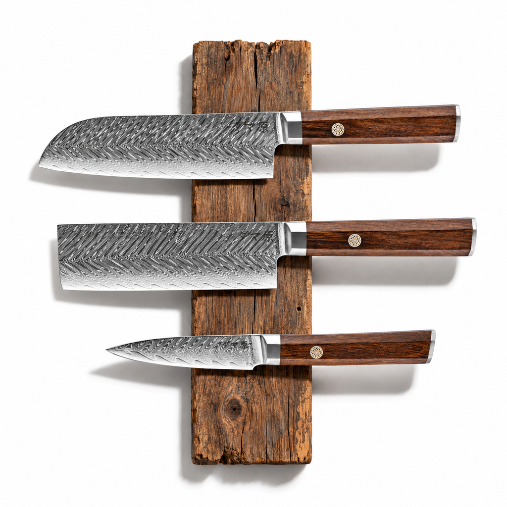 Set Evolution de 3 couteaux en acier damas : santoku, nakiri et ko-petty, manches en bois de rose africain, série Kurohana