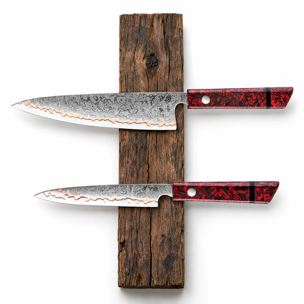Set Essence de 2 couteaux en acier damas : gyuto et petty, manches en résine rouge, série Musashi