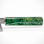 Manche en bois gris stabilisé et mitre en cuivre d'un couteau en acier damas, série Aoyama