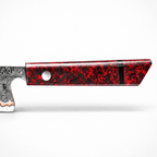 Manche en fibre de carbone et résine rouge d'un couteau en acier damas, série Musashi