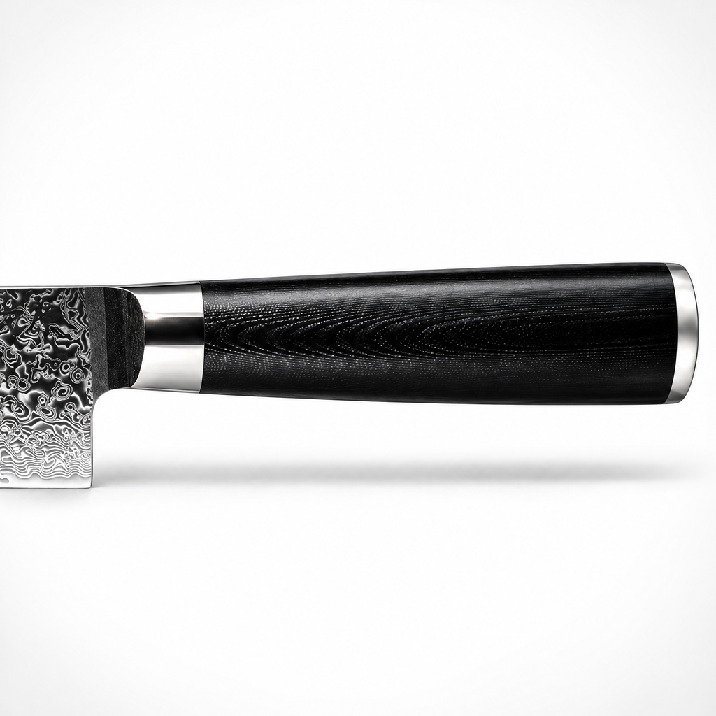 Manche en G10 noir d'un couteau en acier damas, série Tsuki