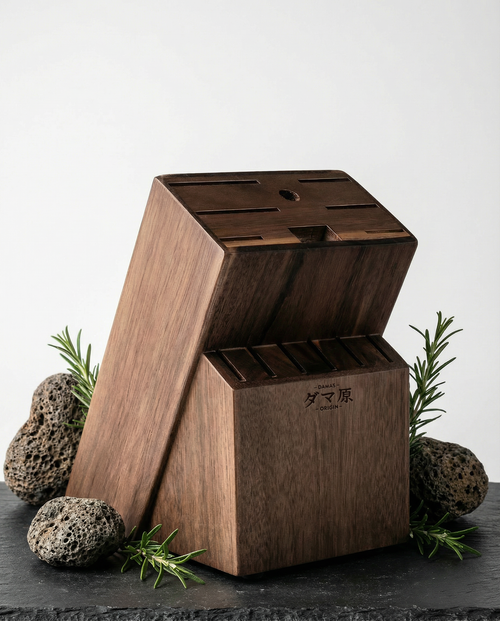 Bloc porte-couteaux en bois massif avec emplacements inclinés, posé sur ardoise noire entourée de pierres et branches de romarin.