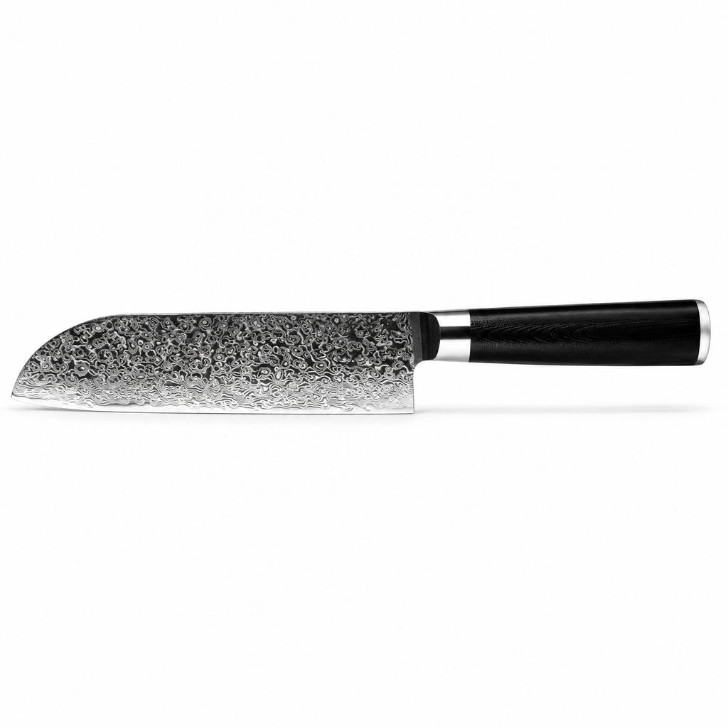 Couteau Santoku en acier damas 17 cm, manche en G10 noir, série Tsuki