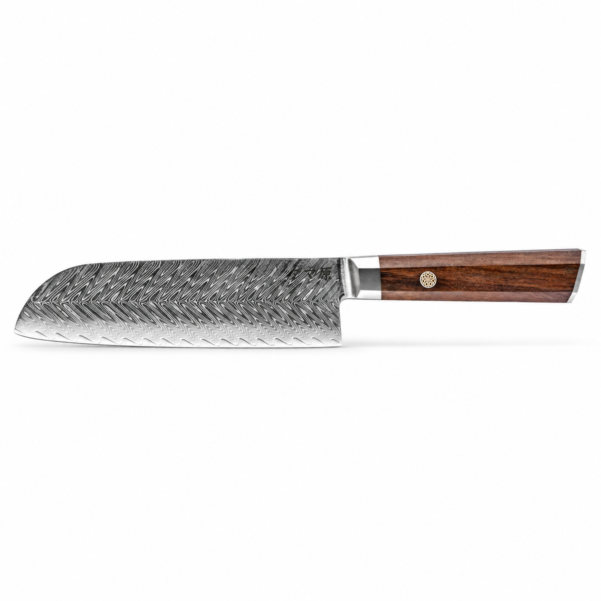 Couteau Santoku en acier damas 17 cm, manche en bois de rose africain, série Kurohana