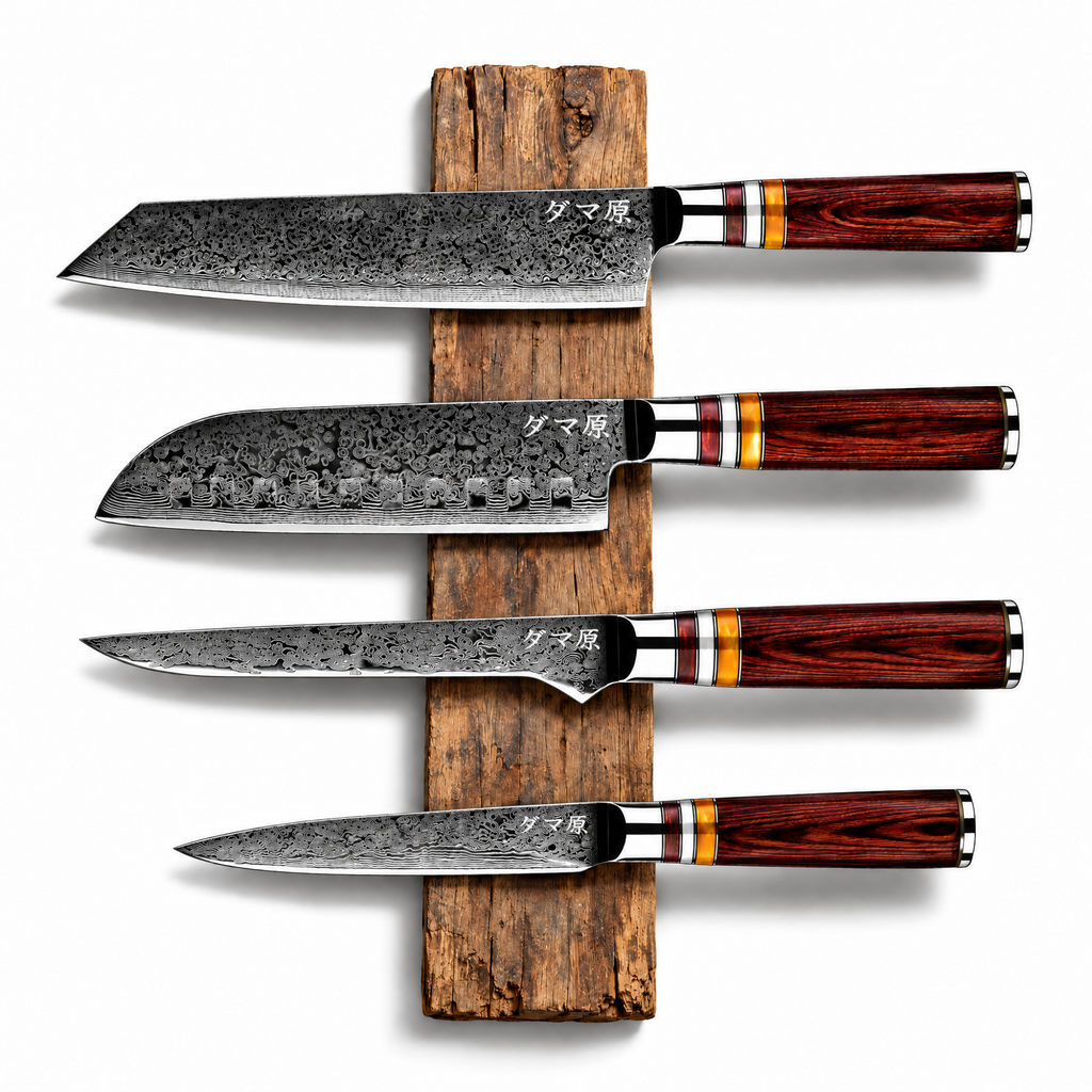 Set Ascension de 4 couteaux en acier damas : kiritsuke, santoku, honesuki et petty, manches en Packa wood, série Takeshi