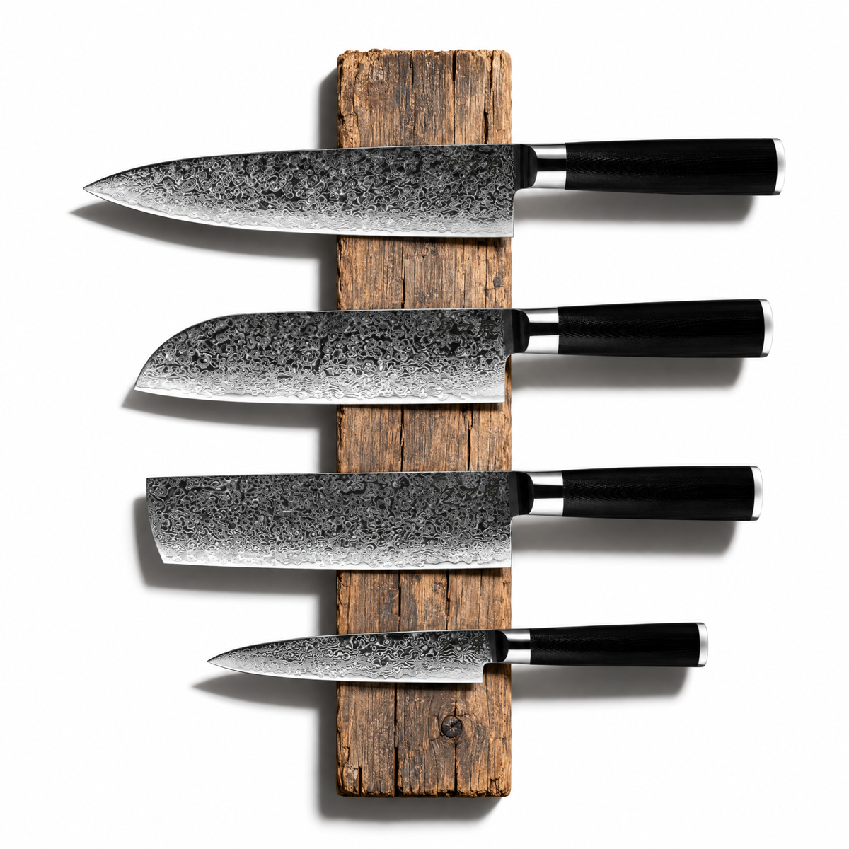Set Ascension de 4 couteaux en acier damas à manches en G10 noir, série Tsuki