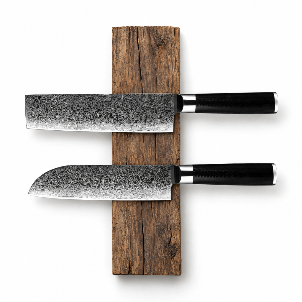 Set Essence de 2 couteaux en acier damas : santoku et nakiri, manches en G10 noir, série Tsuki