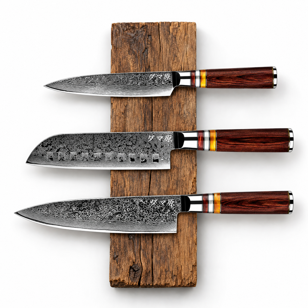 Set Evolution de 3 couteaux en acier damas : gyuto, santoku et petty, manches en Packa wood, série Takeshi